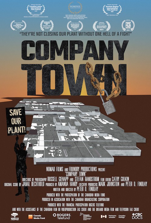 A movie poster for Company Town that shows a blueprint of a factory, with the figure of a person standing in front of it with a sign that reads