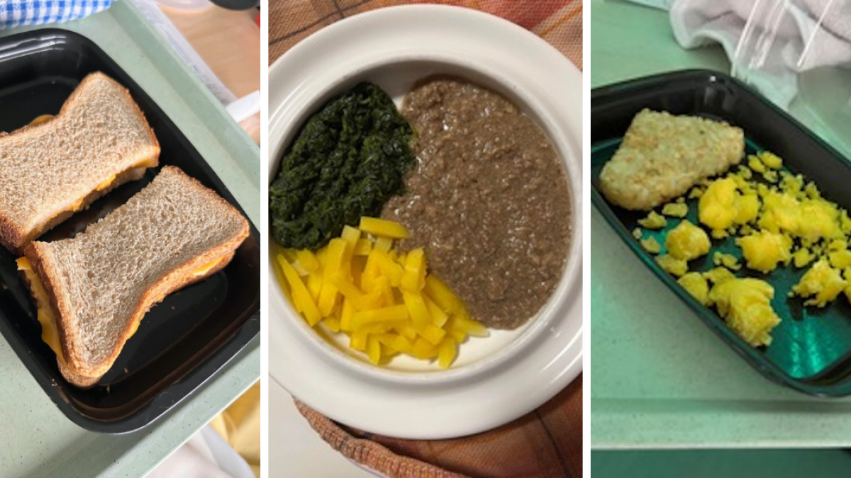 Three photos of unappetizing-looking food: a cheese sandwich made from untoasted bread and unmelted cheese; petrified scrambled eggs and a pale hash brown; and unidentifiable green and brown gruel.