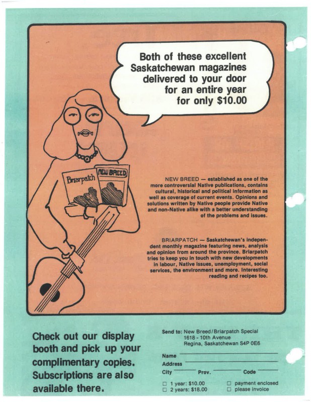 A joint Briarpatch-New Breed subscription ad from the 1987 Regina Folk Fest program. Along with subscription offer text, it shows an illustration of a hippie holding copies of the two magazines.