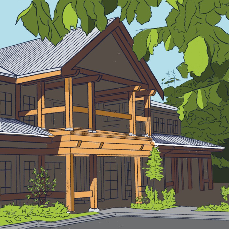 A digital illustration of a large residential building, with a peaked roof and wood beams. It is partially shaded by the lush green foliage that surrounds it.