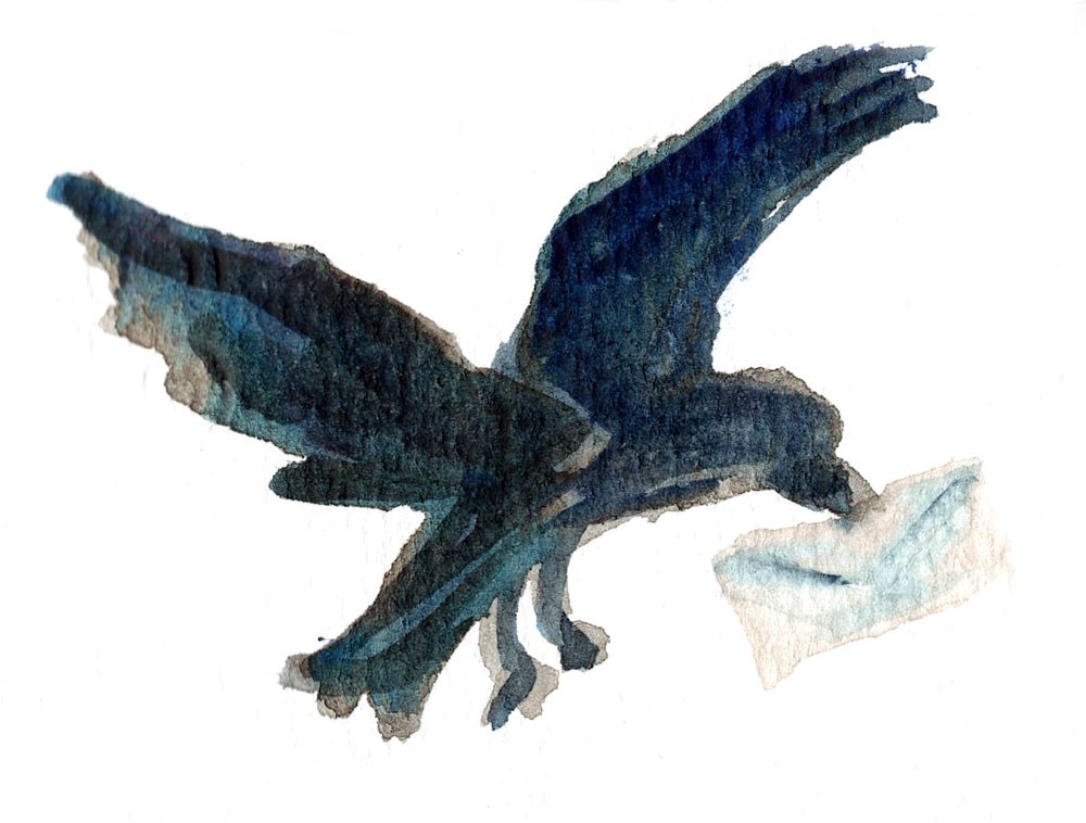 A watercolour painting of a flying crow carrying an envelope in its beak.