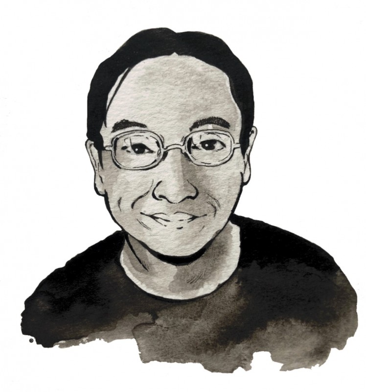 A pen-and-watercolour portrait of Ed. Ed has short, straight black hair parted in the middle, dimples on his cheeks, and is wearing square-framed glasses.