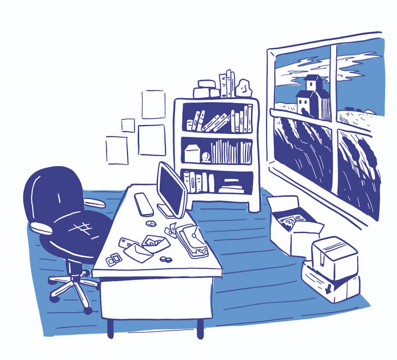 An illustration of the Briarpatch office, full of books, boxes, computers, and with a grain silo outside the window.