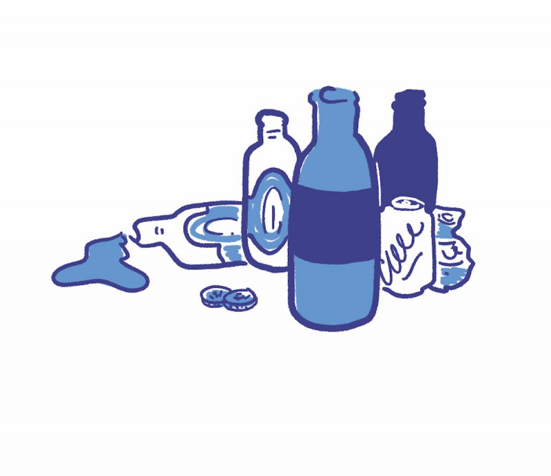 An illustration of a cluster of empty bottles, with one tipped over.