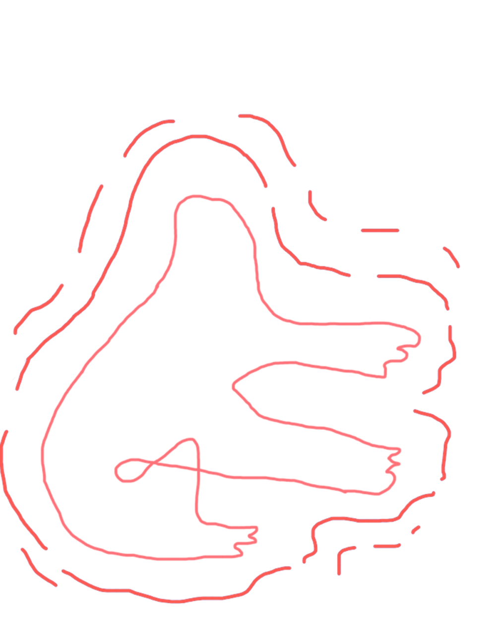 An abstract red line drawing of a figure with a head, two arms, and a leg. The figure is crouching, reaching its arms out in front, and is surrounded by wavy lines.