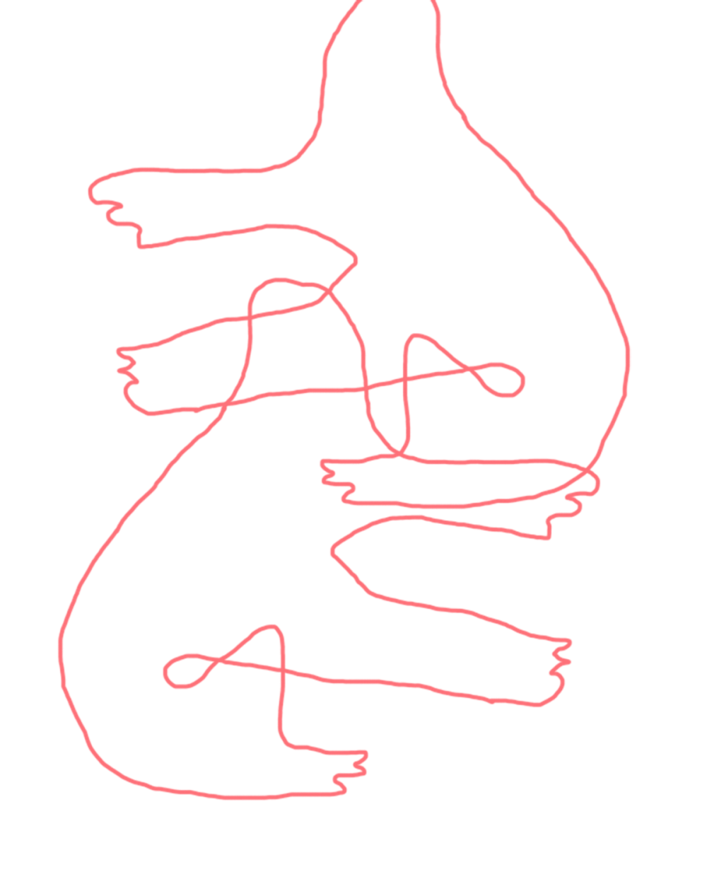 An abstract red line drawing of two figures. The first figure is crouching, reaching its arms out in front. The second figure is in the same pose, facing the opposite direction, and is hovering on top of the first figure, overlapping slightly.