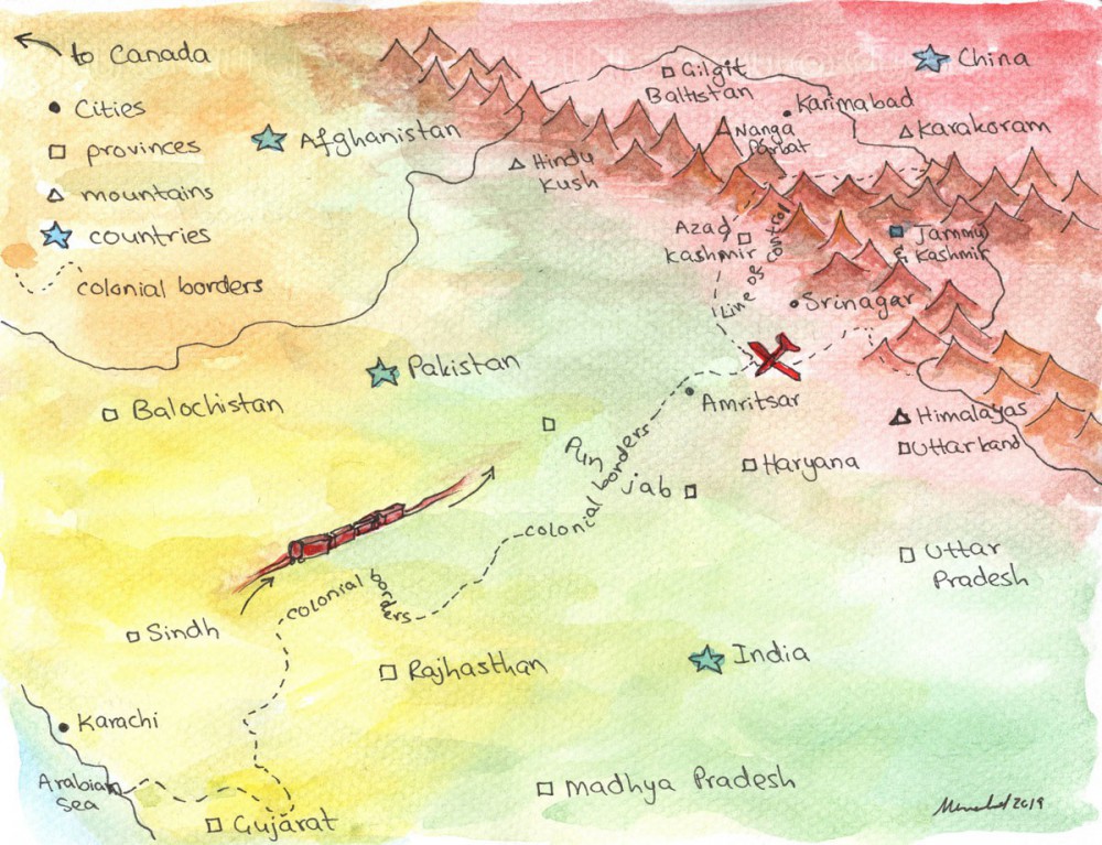 A watercolour map of where the three mountains meet, near Kashmir, Pakistan, and India.