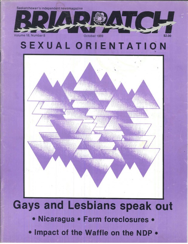 A scan of the cover of the October 1989 issue of Briarpatch. Around an illustration of many purple triangles overlapping, the words "Sexual orientation: gays and lesbians speak out."