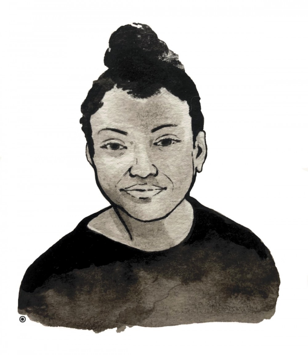 A pen-and-watercolour portrait of Tanaeya Taylor. Tanaeya has curly black hair in a bun on top of her head, light brown skin, and almond eyes.