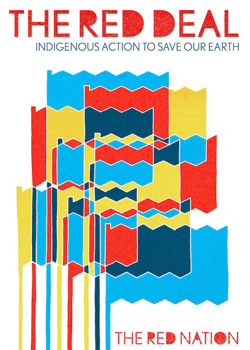 The cover of The Red Deal, which is a digital illustration of a number of flags overlapping, in the colours red, blue, and yellow.