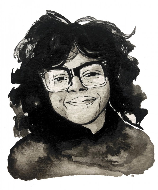 A pen-and-watercolour portrait of Tracey Thompson. Tracey has big, curly black hair with bangs, brown skin, and large square-framed glasses. She is tilting her head and smiling slightly at the viewer.