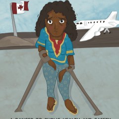 An illustration of a brown skinned woman standing with crutches on either arm, looking at the viewer sadly. Black text at the bottom says,