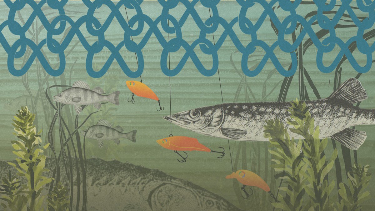 A digital collage showing an underwater ecosystem. Fish swim near fish-shared lures with Google logos for eyes. At the top, a dragnet made of interlocking Meta logos looms over the fish.