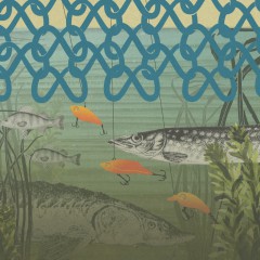 A digital collage showing an underwater ecosystem. Fish swim near fish-shared lures with Google logos for eyes. At the top, a dragnet made of interlocking Meta logos looms over the fish.