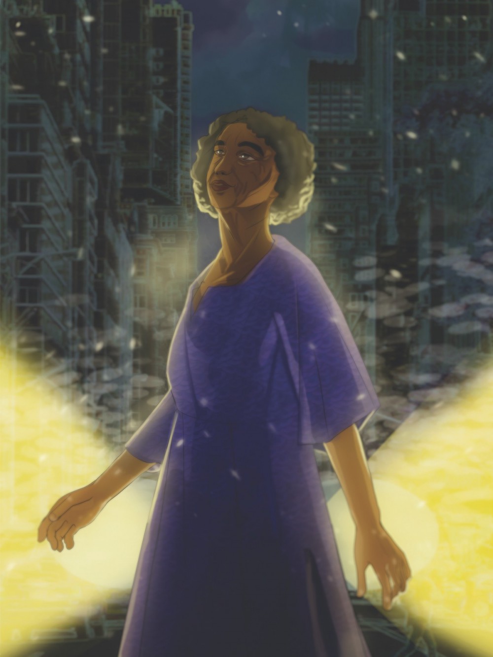 A digital illustration of an older Black woman crossing the street. She wears a purple dress and is looking off into the distance. Close behind her, two bright yellow car headlights loom. In the background, city skyscrapers and smog crowd the sky.