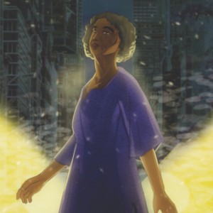 A digital illustration of an older Black woman crossing the street. She wears a purple dress and is looking off into the distance. Close behind her, two bright yellow car headlights loom. In the background, city skyscrapers and smog crowd the sky.
