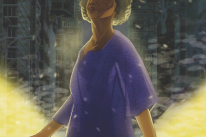 A digital illustration of an older Black woman crossing the street. She wears a purple dress and is looking off into the distance. Close behind her, two bright yellow car headlights loom. In the background, city skyscrapers and smog crowd the sky.