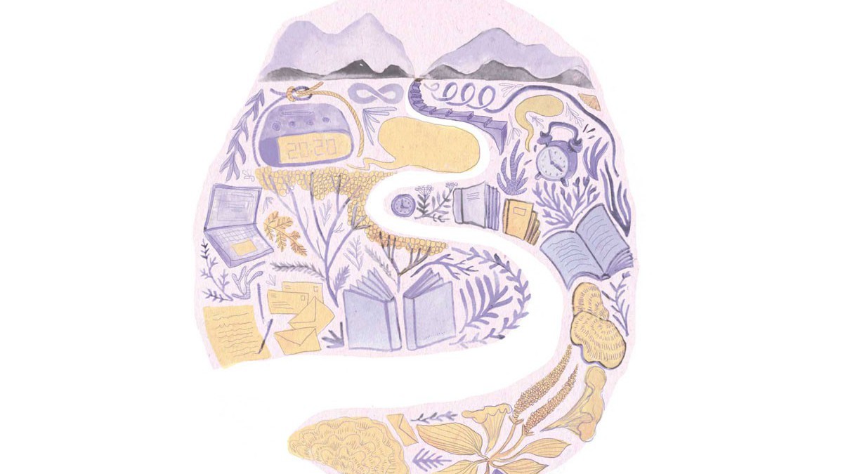 A watercolour illustration. A path winds towards mountains in the distance. In the foreground, the path is surrounded by clocks, plants, and books.
