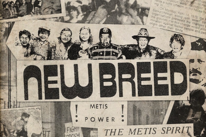 A collage of magazine clippings from New Breed, showing Métis people cooking, meeting, and protesting, along with headlines like