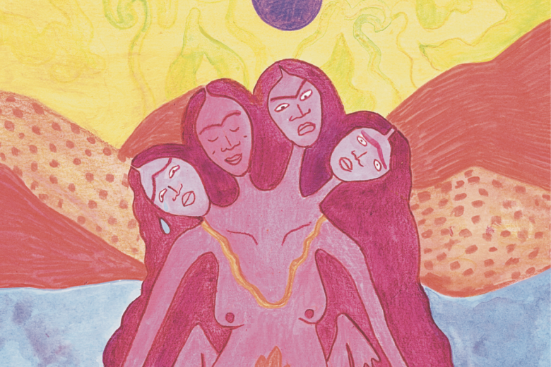 A person sits, kneeling in water, surrounded by mountains and a purple moon. They have a fire in their belly, and long wavy hair with four heads - each one feeing a different emotion (sad, calm, enraged, and nervous).