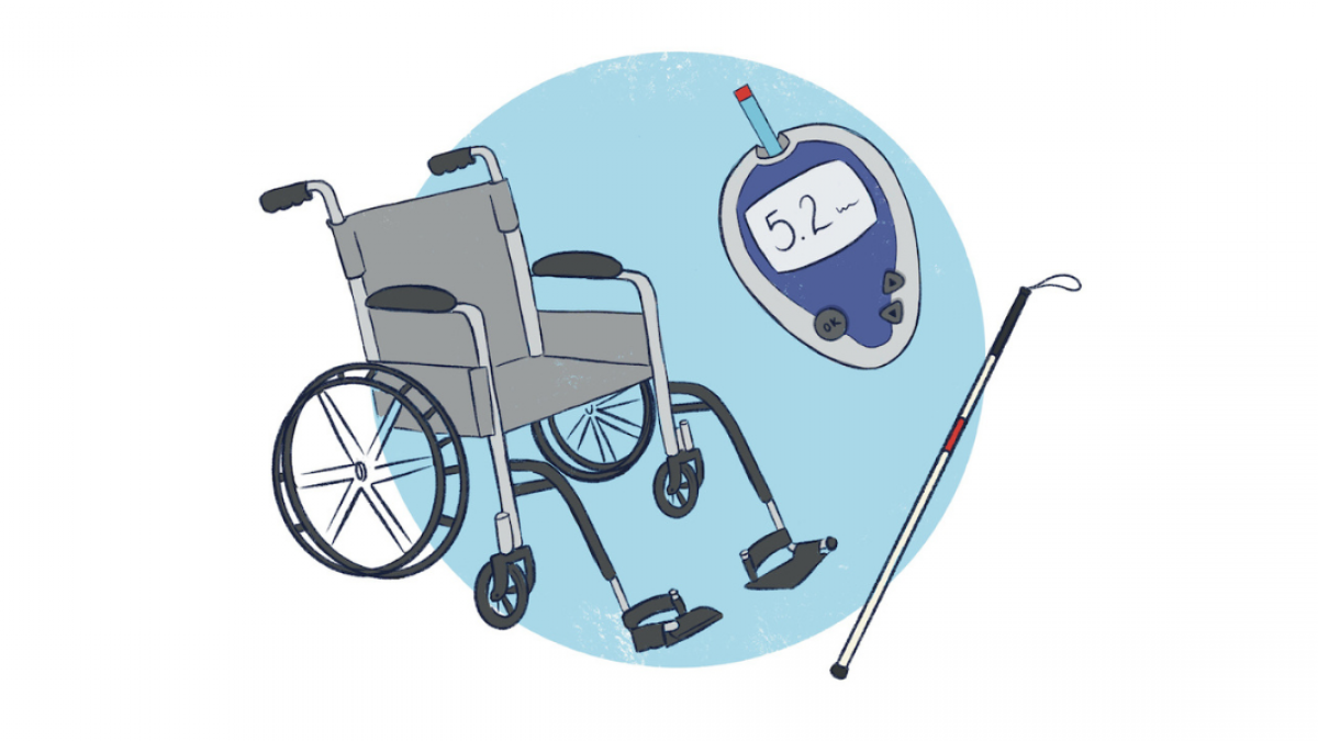 A digital illustration showing assistive devices – a wheelchair, a cane, and a blood glucose monitor – floating against a light blue background.