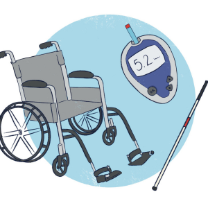 A digital illustration showing assistive devices – a wheelchair, a cane, and a blood glucose monitor – floating against a light blue background.
