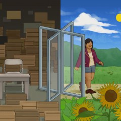 A digital illustration. On the left half of the illustration is a desk and folding chair surrounded by beige crates. On the right half of the illustration is a path with sunflowers and a blue sky. The person, who has brown skin and is wearing a red leather jacket, is walking through a revolving door that separates the two halves, exiting into the right half.