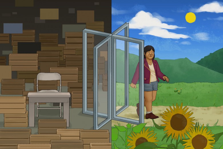 A digital illustration. On the left half of the illustration is a desk and folding chair surrounded by beige crates. On the right half of the illustration is a path with sunflowers and a blue sky. The person, who has brown skin and is wearing a red leather jacket, is walking through a revolving door that separates the two halves, exiting into the right half.