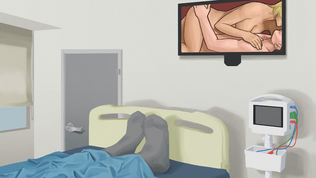 Digital illustration of a hospital room with the focus on a pornographic scene playing on a wall-mounted television, from the perspective of a viewer next to the hospital bed. Also shown is the lower half of a person's body covered in blankets on the bed, a window with lowered curtain, a closed door, and a vital signs monitor.