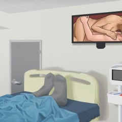Digital illustration of a hospital room with the focus on a pornographic scene playing on a wall-mounted television, from the perspective of a viewer next to the hospital bed. Also shown is the lower half of a person's body covered in blankets on the bed, a window with lowered curtain, a closed door, and a vital signs monitor.