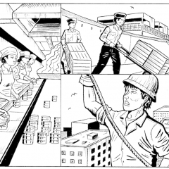 A black and white digital comic with three panels. In the first is four women workers in a factory assembly line. They are all wearing collared shirts, aprons, and bandanas. In the second panel is two workers unloading goods from a ship. The ship is behind them, and they are in the foreground pushing dollies with large rectangular crates on them. The third panel is a close-up of a construction worker suspended in the air. He is wearing a hard hat and a collared shirt. He is holding a rope and grimacing. In the background are half a dozen large buildings.