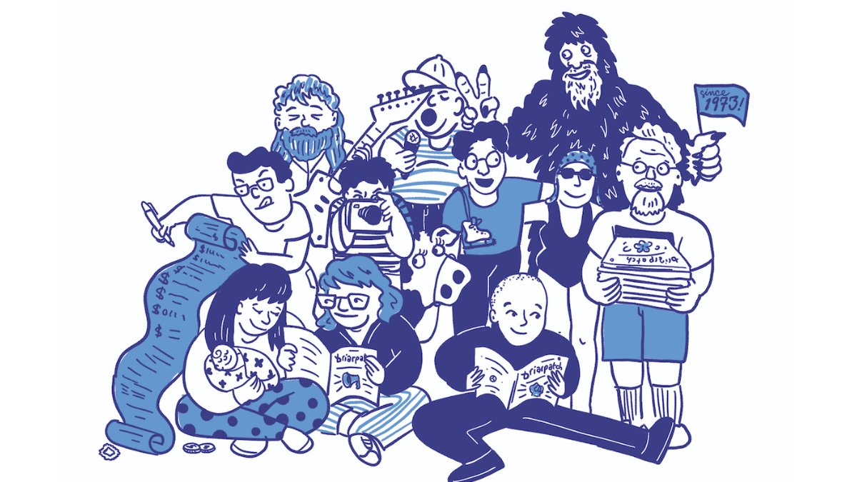 An illustration of a gaggle of Briarpatch community members: someone wearing a sasquatch costume, people holding cameras, ice skates, a baby, a receipt, and a stack of magazines.