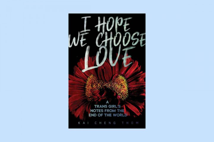 The cover of I Hope We Choose Love over a light blue background. On the book cover, there are two red carnations.