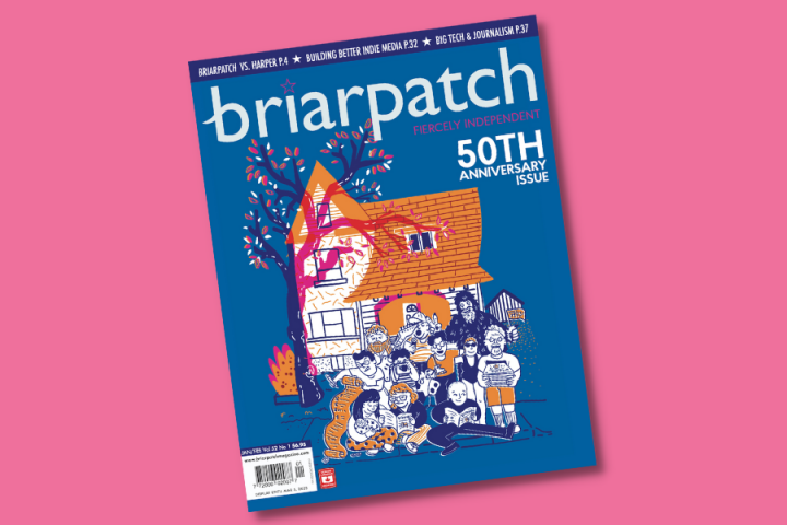 A copy of Briarpatch laying on a pink background. On the cover, it shows a cartoon-like illustration of a house with an orange roof, and a a big pink tree. In front of it is a cluster of people, representing different members of the Briarpatch community: someone wearing a sasquatch costume, people holding cameras, ice skates, a baby, a receipt, and a stack of magazines. On the cover it reads