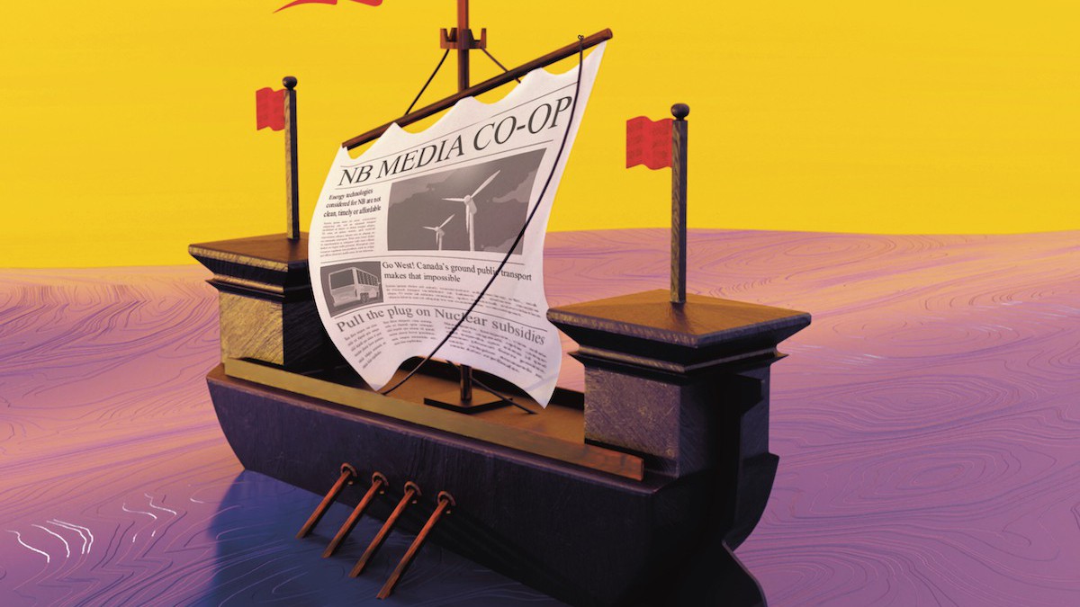 A digital illustration of a ship (similar to the one on the New Brunswick Flag) sailing on an inky purple sea against a yellow sky. The sail on the ship is a newspaper copy of the NB Media Co-op.
