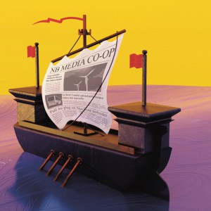 A digital illustration of a ship (similar to the one on the New Brunswick Flag) sailing on an inky purple sea against a yellow sky. The sail on the ship is a newspaper copy of the NB Media Co-op.