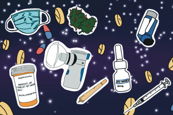 Dark purple and black ombre background with white stars. In the foreground are yellow pills and red and blue capsules across the length of the image. A range of objects are floating around the page which include (from left to right); a mask, a prescription bottle of pills, a handheld nebulizer, two cannabis buds, a joint, nasal spray, an asthma inhaler, and a needle.