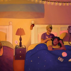 A group of disabled queer Black folks talk and laugh at a sleepover, relaxing across two large beds. Everyone is dressed in colorful t-shirts and wearing a variety of sleep scarves, bonnets, and durags. On the left, two friends sit on one bed and paint each other’s nails. On the right, four people lounge on a bed: one person braids another’s hair while the third friend wearing a C-PAP mask laughs, and the fourth person looks up from their book. In the center, a bedside lamp illuminates the room in warm light while pill bottles adorn an end table.