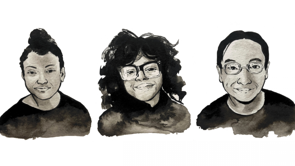 Three black-and-white illustrations, done in pen and ink, of the three roundtable participants. Each participant is shown from the shoulders up and is slightly smiling at the camera.