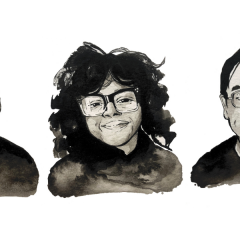 Three black-and-white illustrations, done in pen and ink, of the three roundtable participants. Each participant is shown from the shoulders up and is slightly smiling at the camera.