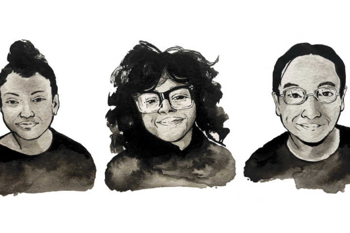 Three black-and-white illustrations, done in pen and ink, of the three roundtable participants. Each participant is shown from the shoulders up and is slightly smiling at the camera.