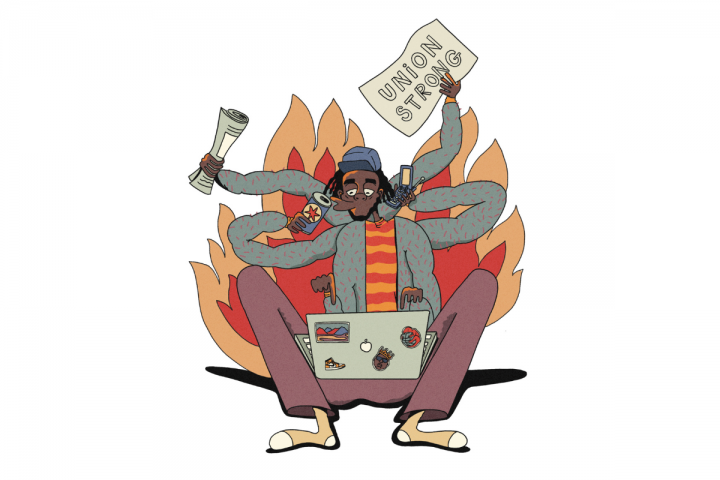 An illustration of a person with six arms. They have brown skin and black locs. With their many arms, they are frantically sipping an energy drink, typing on a laptop, holding a cell phone to their ear, waving a newspaper, and holding a