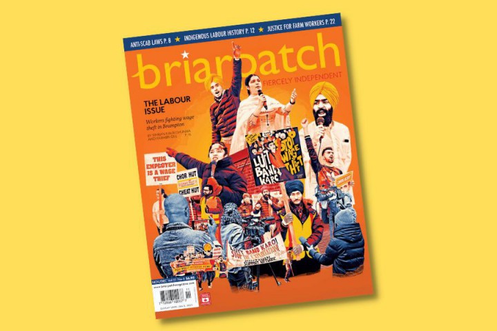 A copy of Briarpatch's Nov/Dec 2022 issue on a yellow background.