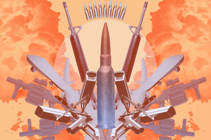 An array of military weapons fan out to create a Rorschach test, including artillery shells, bullets, guns, planes, and surveillance cameras. Smoke billows behind them on an orange background.