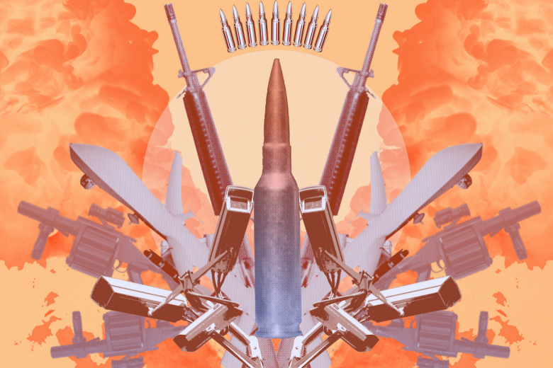 An array of military weapons fan out to create a Rorschach test, including artillery shells, bullets, guns, planes, and surveillance cameras. Smoke billows behind them on an orange background.