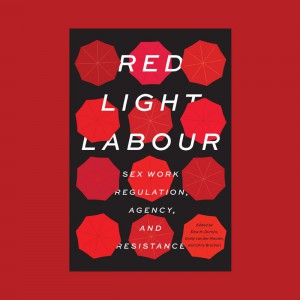 A book cover with red umbrellas against a black background.