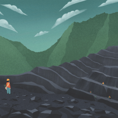A digital illustration of a tree planter in a coal mine surrounded by green hills. The sky is blue and cloudy. The tree planter is standing to the left of the image, wearing blue pants, a red and orange shirt, and a yellow hat. They have a beige bag with plants inside slung over their shoulder. They're looking at the coal mine and three of their colleagues at work planting trees in the distance.