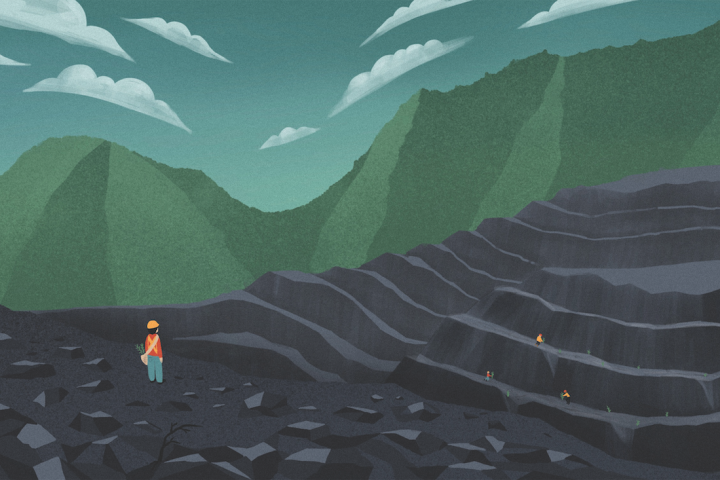 A digital illustration of a tree planter in a coal mine surrounded by green hills. The sky is blue and cloudy. The tree planter is standing to the left of the image, wearing blue pants, a red and orange shirt, and a yellow hat. They have a beige bag with plants inside slung over their shoulder. They're looking at the coal mine and three of their colleagues at work planting trees in the distance.