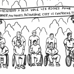 A black-and-white digital line drawing of five men in wheelchairs, each of them with someone behind them pushing their wheelchair. Behind them are indistinct figures holding a banner that reads