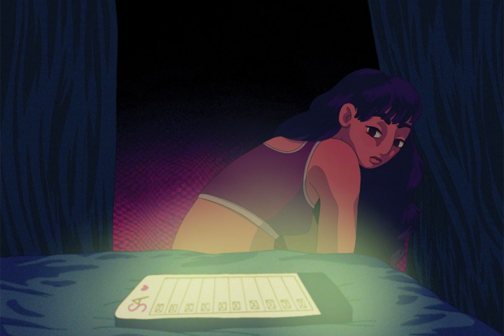 A person in a purple sports bra and long dark hair looks apprehensively over their shoulder at their phone, lit up on a table behind them. Their phone displays a number of unread messages on the SeekingArrangement site.
